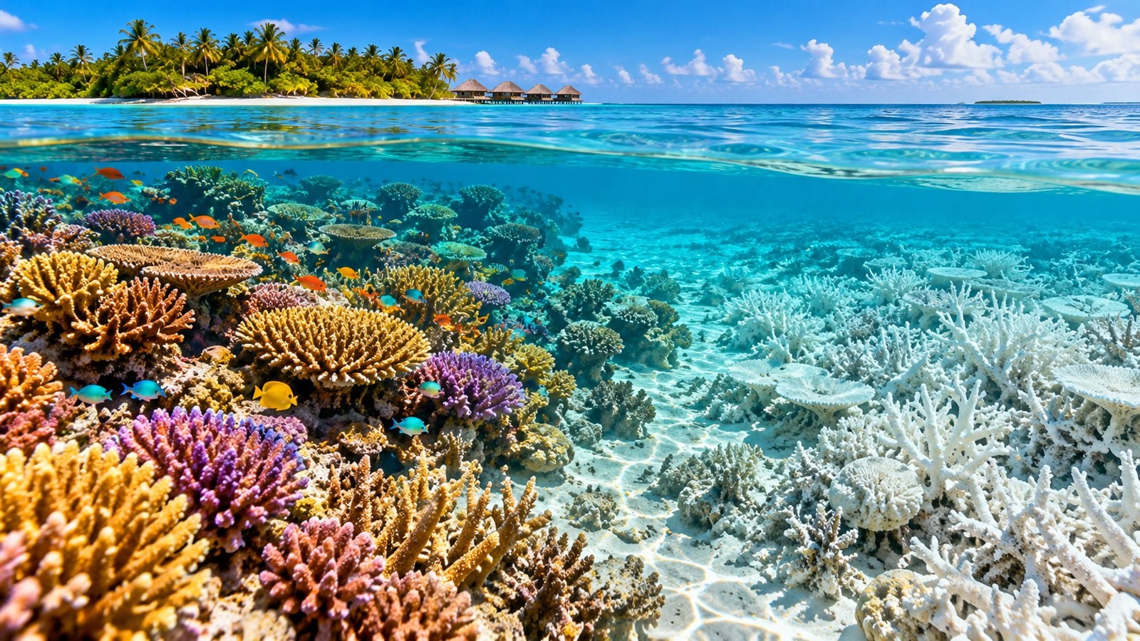 Maldives reef with healthy coral on the left and bleached coral on the right