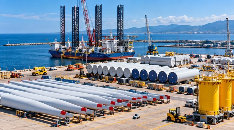 Rows of white turbine blades and yellow tower sections in a port yard, with an installation vessel at the quay
