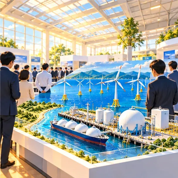天窓の下、洋上風力と水素の模型ブースを見る来場者