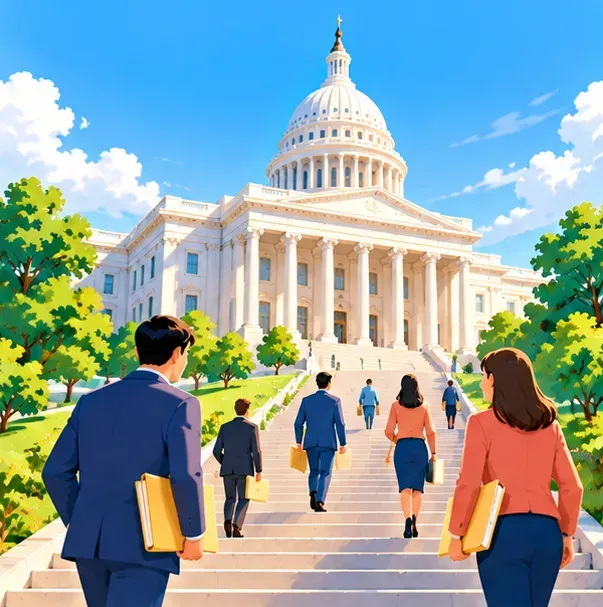 Illustration: a white columned legislative building on a sunny hill, with people walking up the steps carrying folders