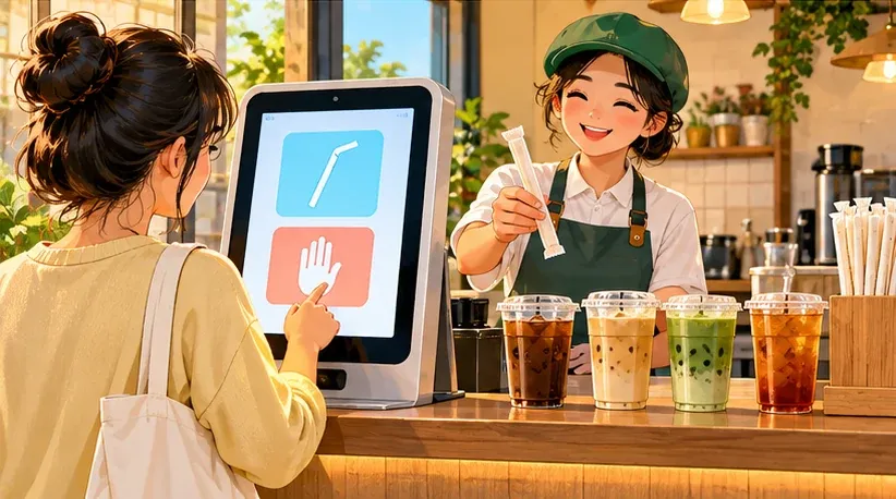 插畫：南韓咖啡店櫃台，顧客在點餐機上按下吸管和舉手圖示，店員笑著遞出一支吸管，櫃台上的冰飲都沒有插吸管