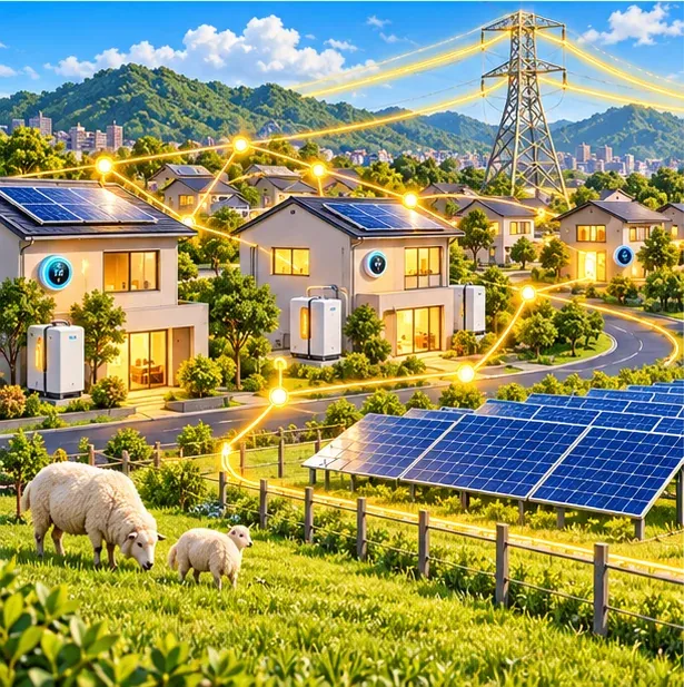 插畫:屋頂有光電板和電池的住宅以金色線條連成網路,旁邊有輸電塔、社區太陽能案場和吃草的羊