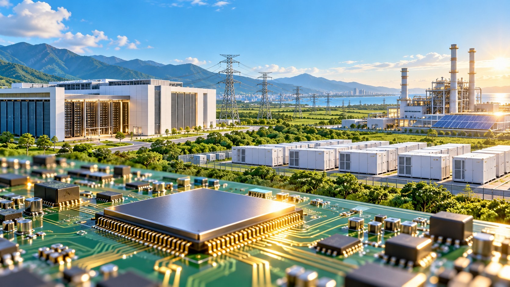 A semiconductor chip on a PCB, with a data center, battery storage and transmission lines behind it