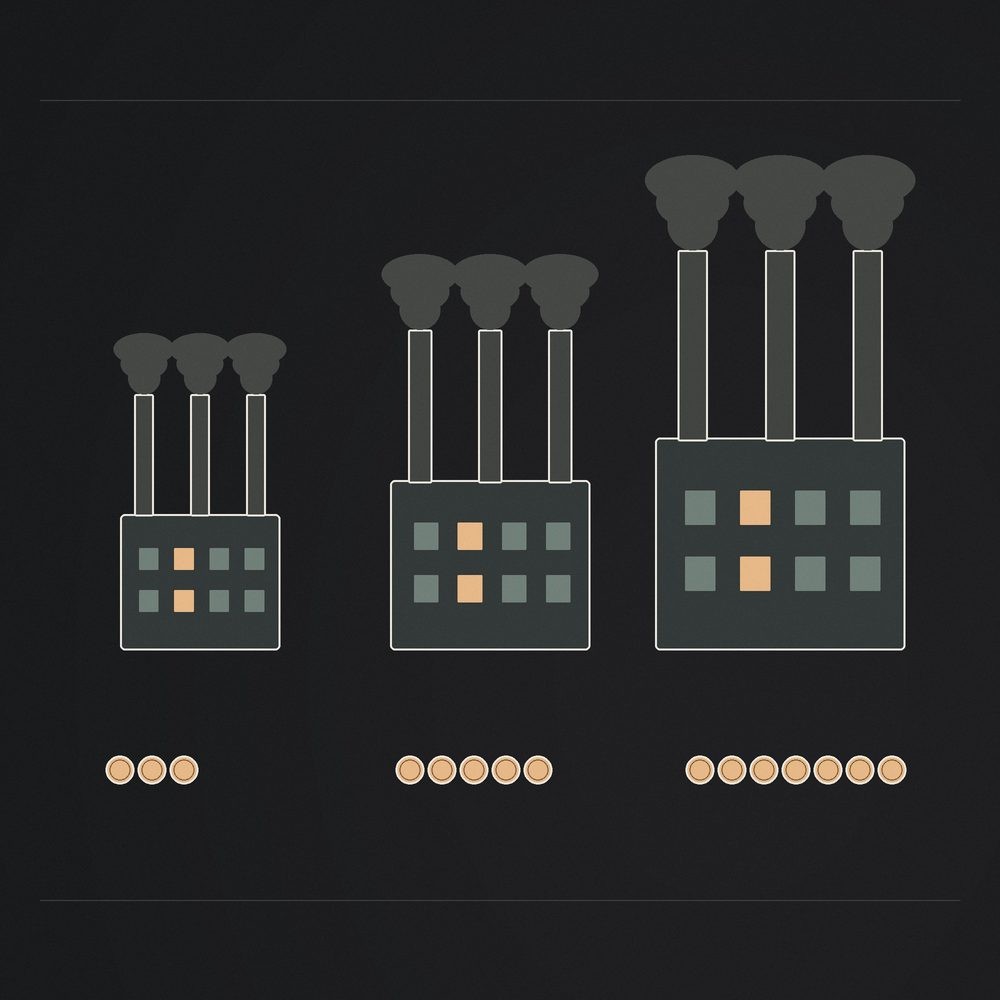 Three waste-to-energy plants of different sizes, each with a stack of coins in front, the largest with the tallest stack