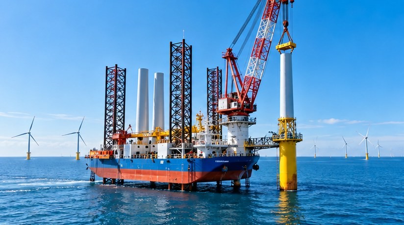 A jack-up installation vessel lifting a turbine tower at sea, with completed turbines in the distance