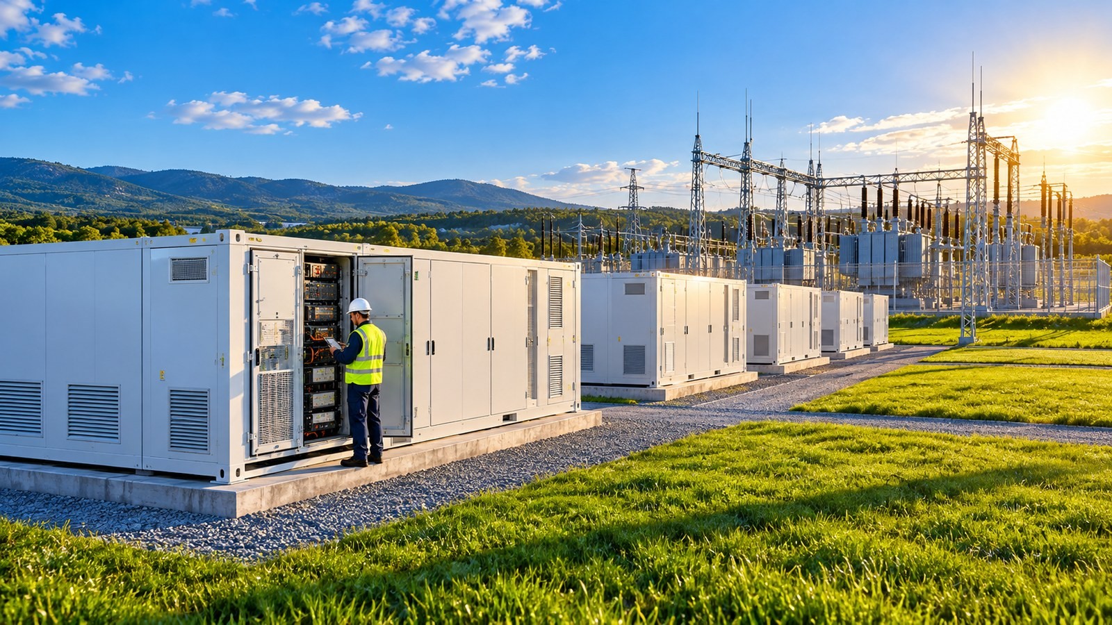 反射ベストの技術者が扉を開けた蓄電池コンテナ内のラックを点検している。後方に変電所
