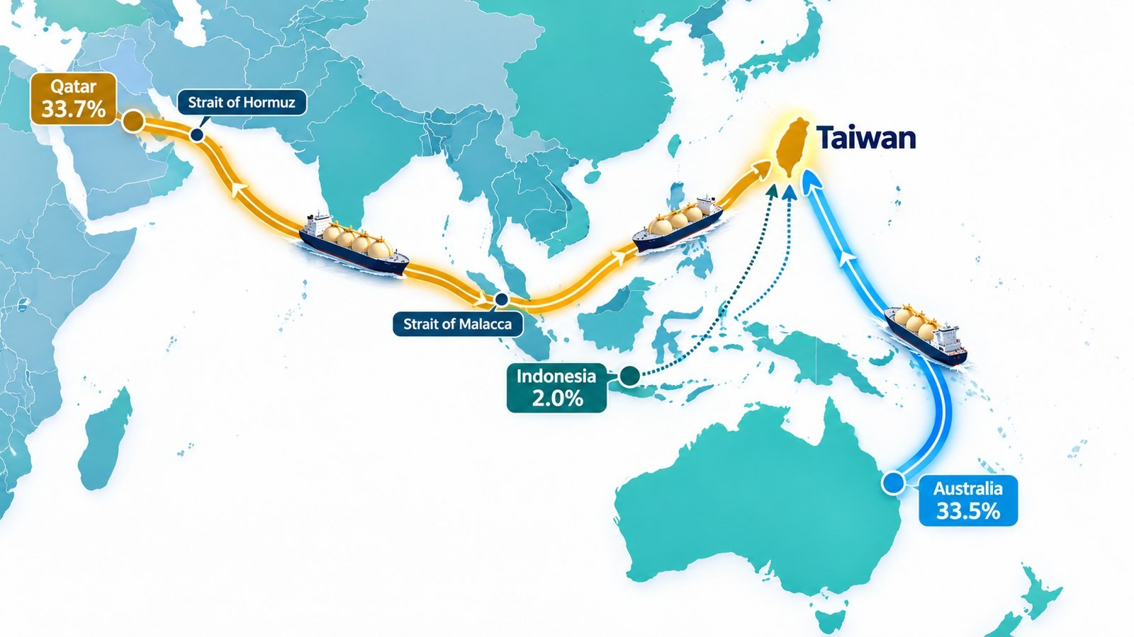 カタールからホルムズ海峡とマラッカ海峡を経る航路、オーストラリアとインドネシアからの航路が台湾へ向かう地図。33.7%、33.5%、2.0%と表示