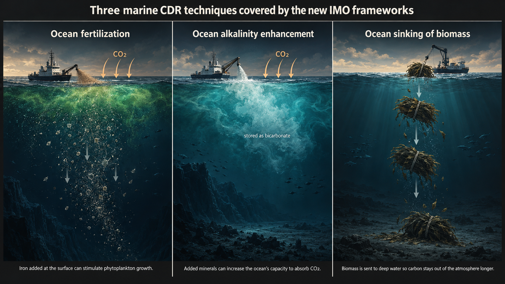 The three marine CDR techniques covered by the new frameworks: ocean fertilization, ocean alkalinity enhancement, ocean sinking of biomass (graphic: Island Frequency)