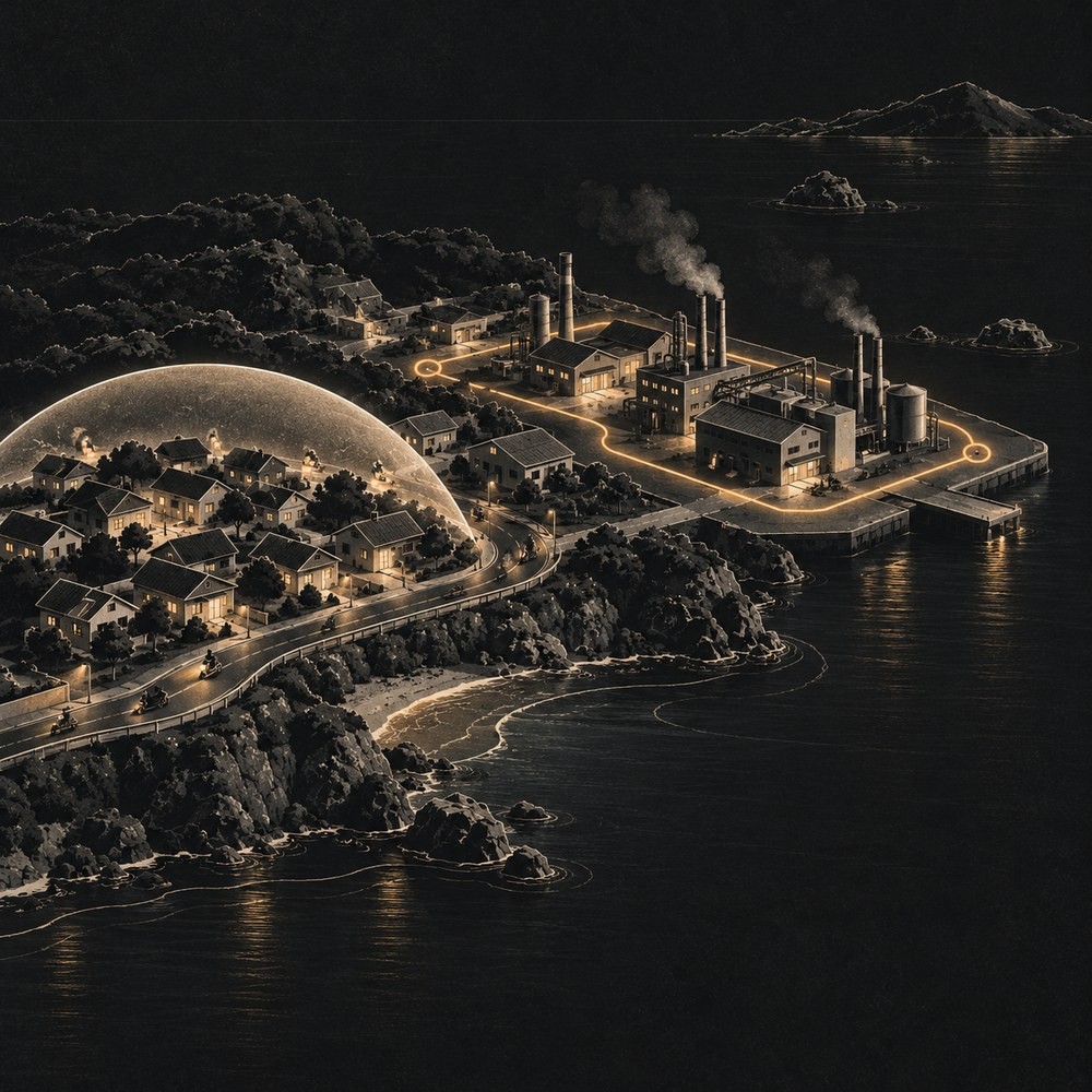 夜間的海島海岸，工廠區被金色線條圍起，一旁的住宅區上方罩著半透明的保護罩
