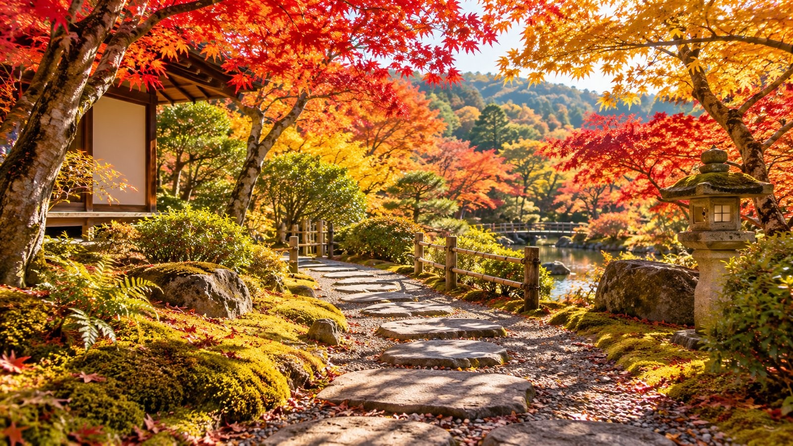 京都庭園的石板小徑，上方是紅黃楓葉，旁邊有石燈籠和苔蘚