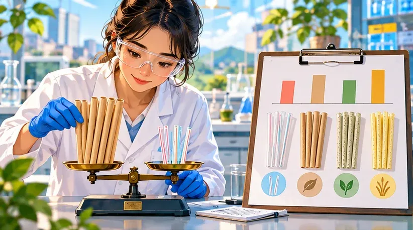 插畫：研究人員在實驗桌上用天平比較一束紙吸管和一束塑膠吸管，旁邊的板子貼著四種吸管樣本和長條圖