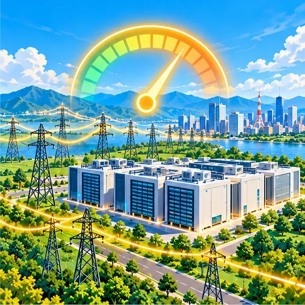 插畫：陽光下的大型資料中心與輸電塔，上方有金色儀表弧線
