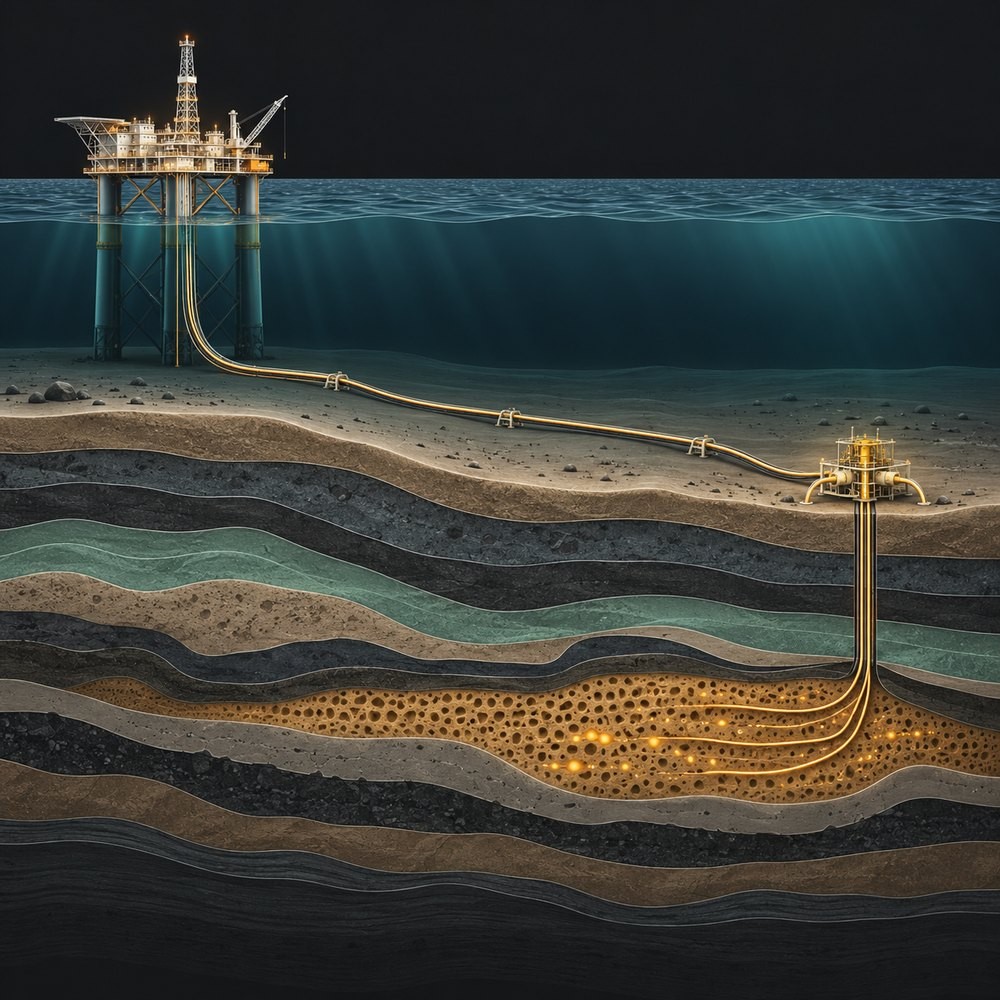 Seabed cross-section showing a new small gas field tied back by subsea pipeline to an existing platform