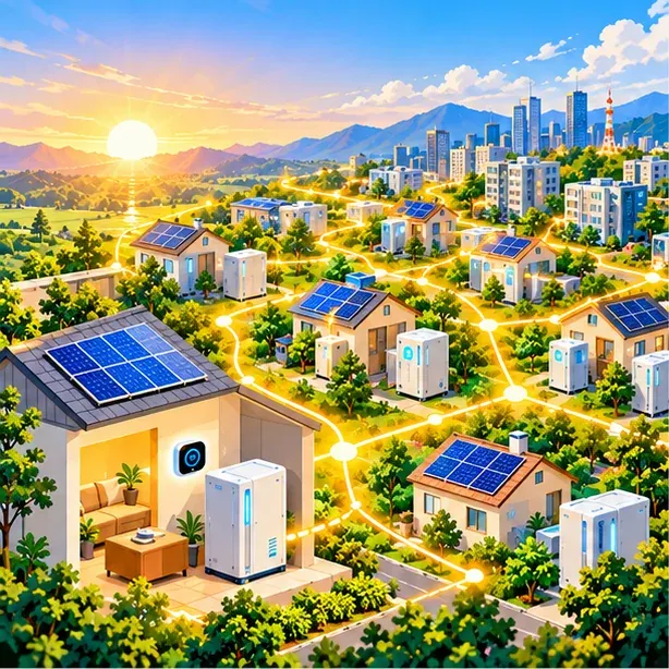 插畫：日出時的住宅與電池櫃以金色線條串連，擴大成許多屋頂組成的網路