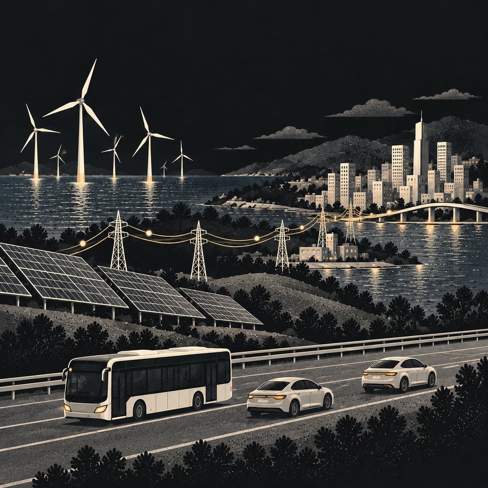 海上風機、太陽能板與輸電塔把電送到城市，前景道路上有電動公車和電動車
