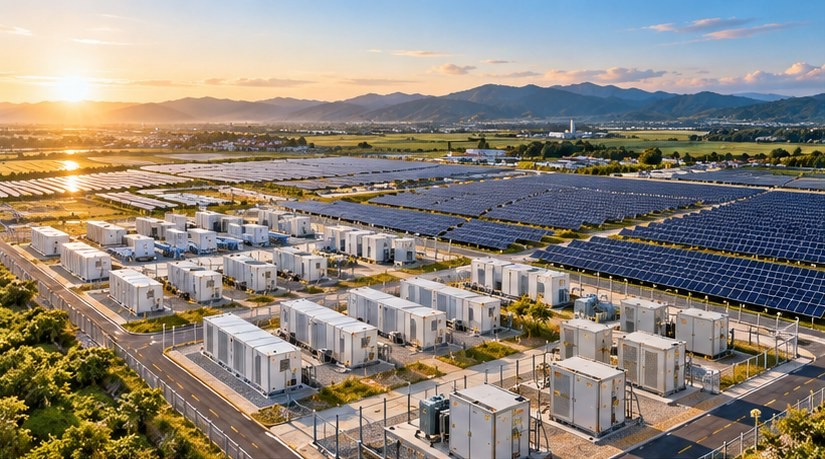 夕日に照らされた大規模太陽光発電所の横に並ぶ白い蓄電池コンテナ