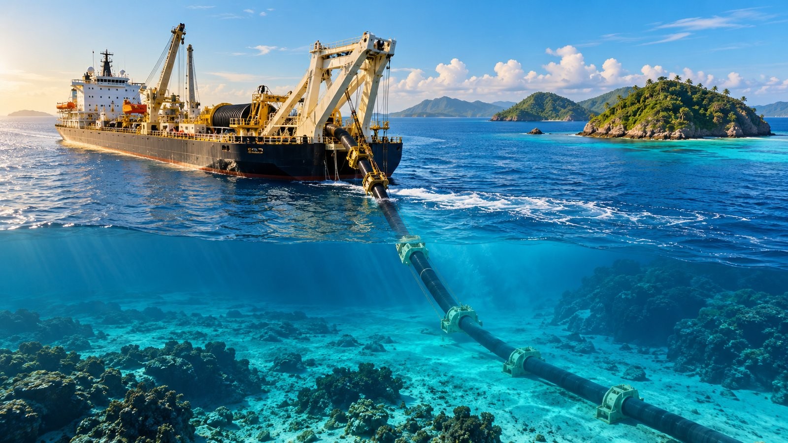 熱帯の海で敷設船が海底パイプラインをサンゴ礁の海底へ下ろしていく。遠くに緑の島