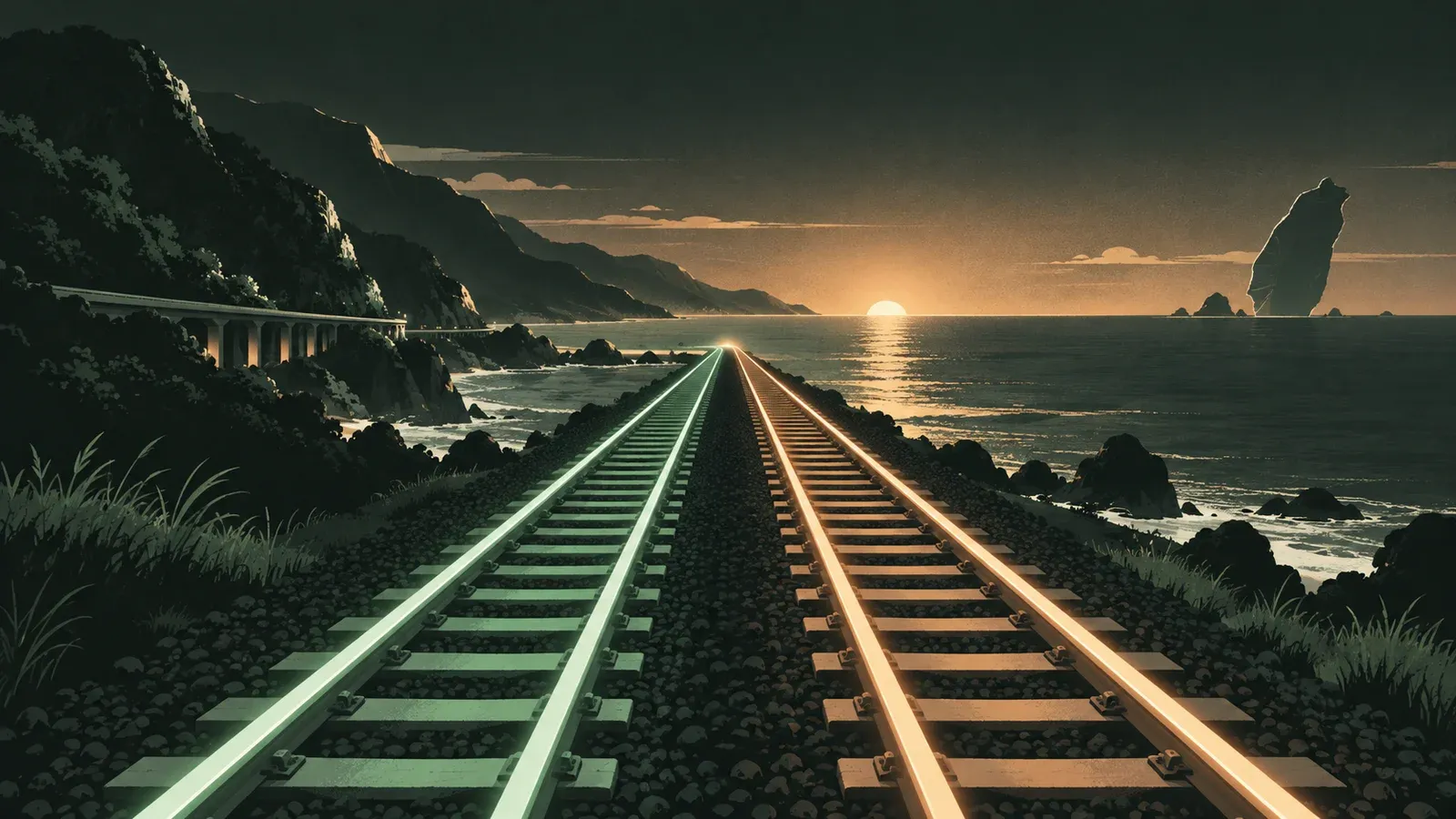 夕陽下沿著臺灣海岸並行延伸的兩條發光軌道，一條薄荷綠、一條金色