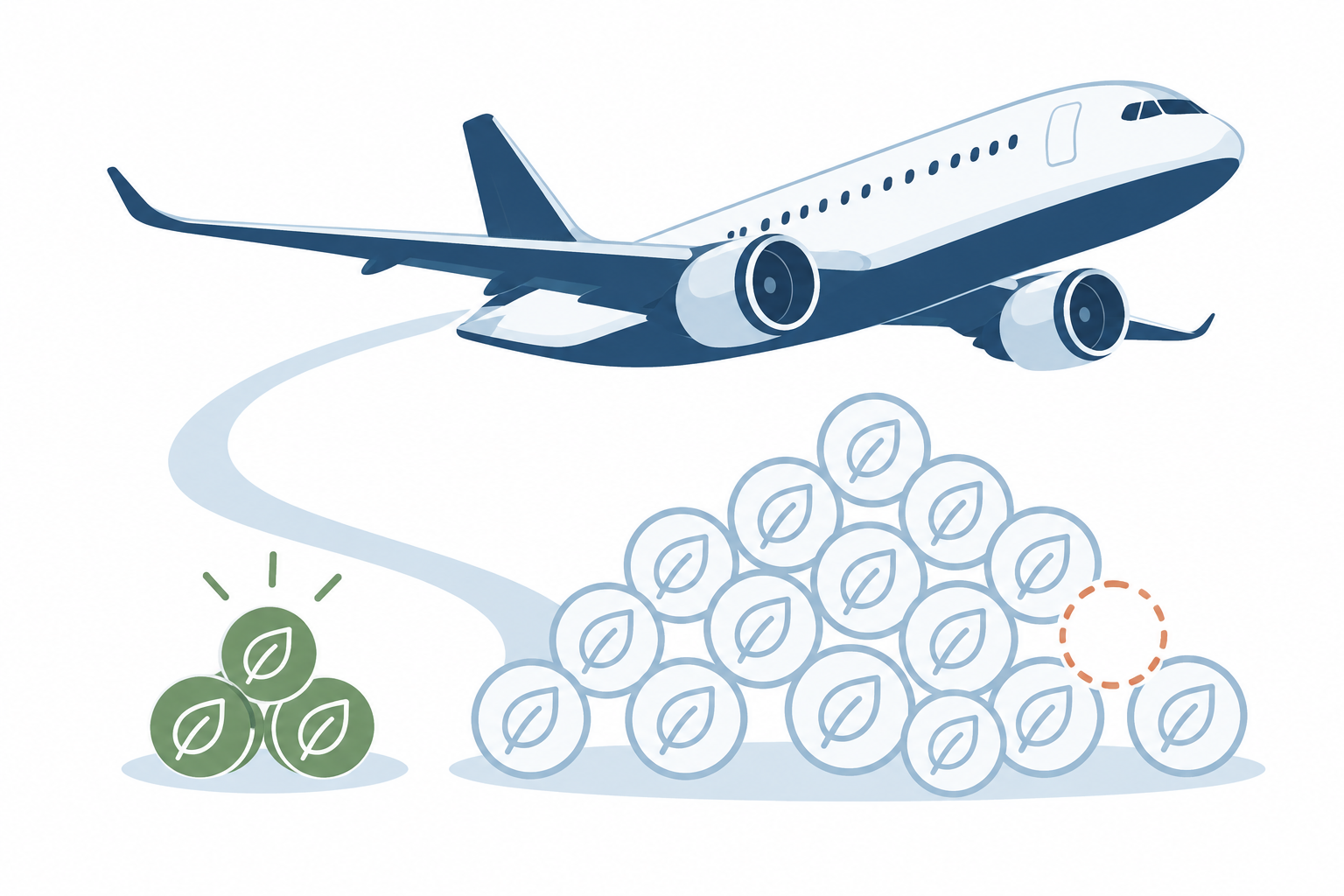 Airplane above solid and outlined carbon-credit tokens