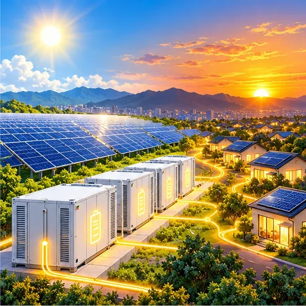 插畫:夕陽下的光電場旁排著白色儲能貨櫃,金色電線把電送到住家