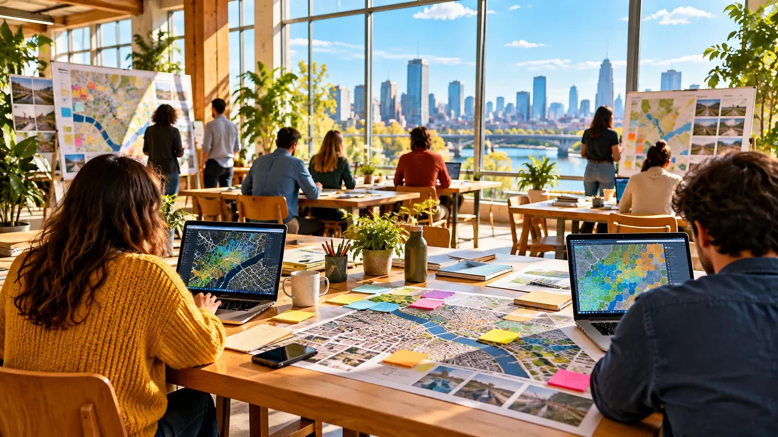 明るい作業スペースでノートPCの地図を見る参加者