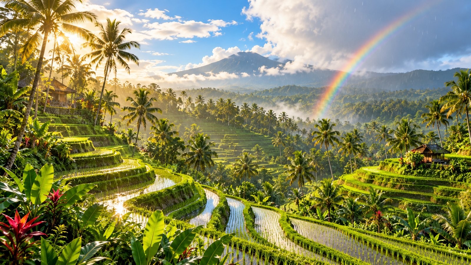 Rain showers and a rainbow over Bali rice terraces