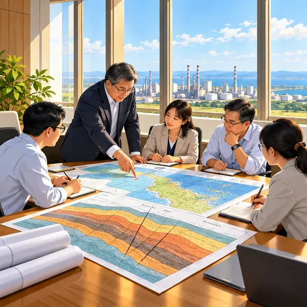 陽光會議室中，專家圍著長桌檢視地質圖與地層剖面