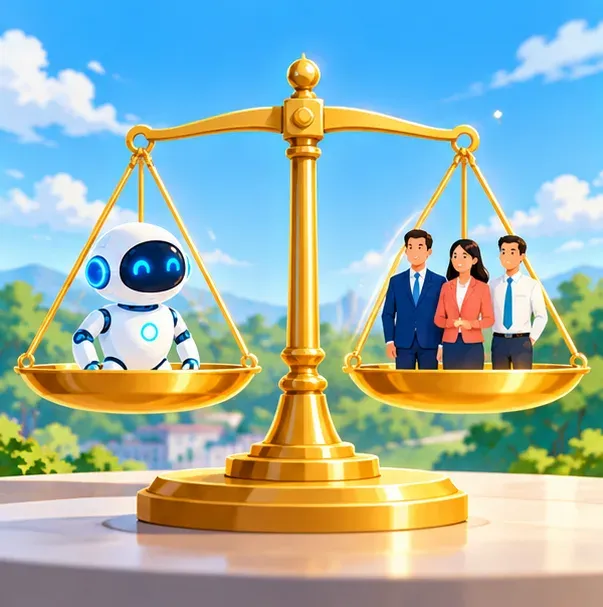 Illustration: a golden balance scale weighing a small robot against a group of people, symbolizing where responsibility lies
