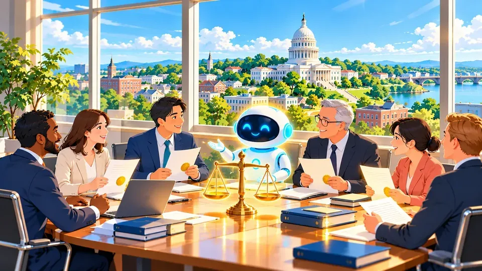 插畫：陽光灑入的會議室，窗外是有圓頂州議會大廈的美國小鎮，AI 助理光球與人類董事共坐桌邊，桌上擺著金色天秤
