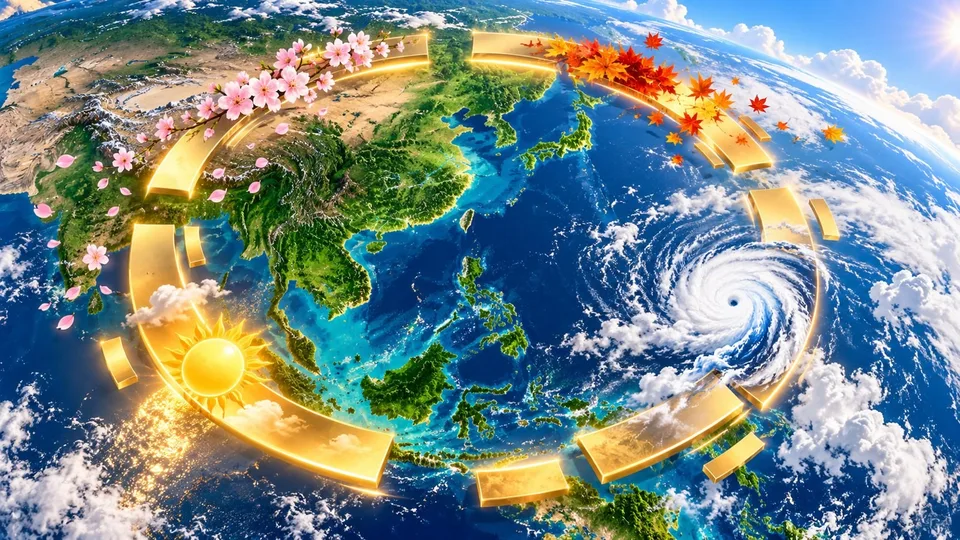 Satellite view of Asia ringed by a shifted calendar with cherry blossom, maple, typhoon and sun icons