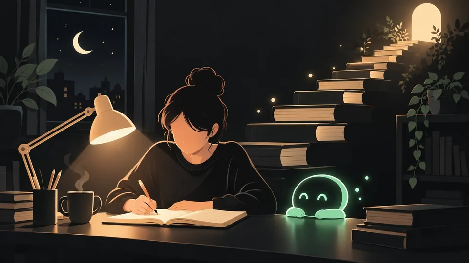 深夜書桌前，學生在檯燈下手寫筆記，身後有一道書本堆成的階梯