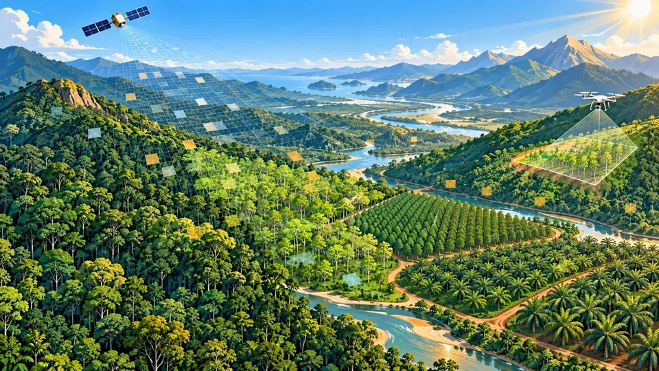衛星與無人機俯瞰六種林型山丘，疊著半透明像素格（示意圖）