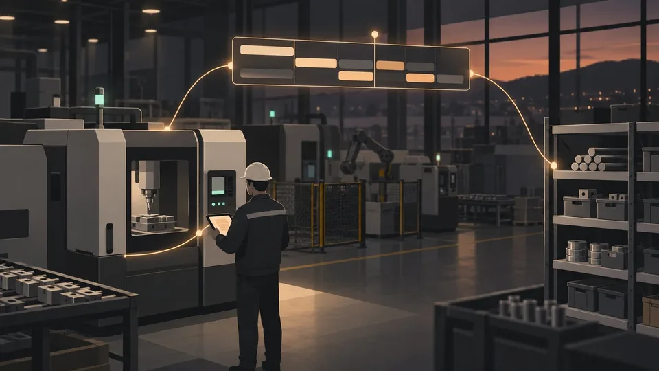 A factory at dusk; a technician with a tablet stands by a machine, with light lines linking the machine, a parts shelf and a schedule timeline
