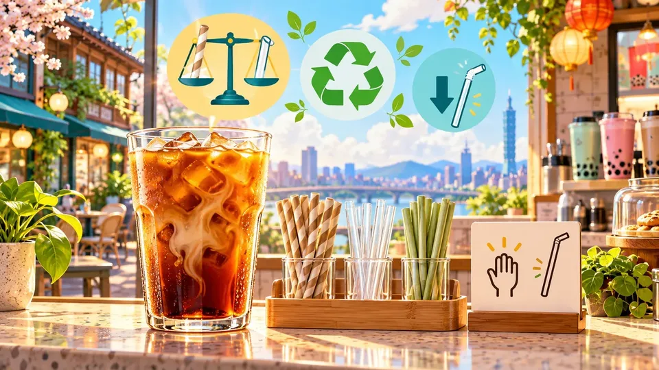 插畫：陽光下的咖啡店吧檯，一杯不插吸管的冰飲旁放著紙、塑膠和植物纖維吸管，小牌子畫著舉手索取的圖示，背景是城市街景與手搖飲店