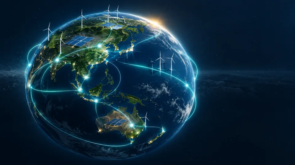 以發光電力線環繞、地表有風機與太陽能板的地球