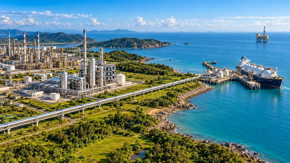 沿岸の工業地帯の空撮。回収プラントからCO₂パイプラインが港へ延び、岸壁にCO₂運搬船、沖合に圧入プラットフォームがある