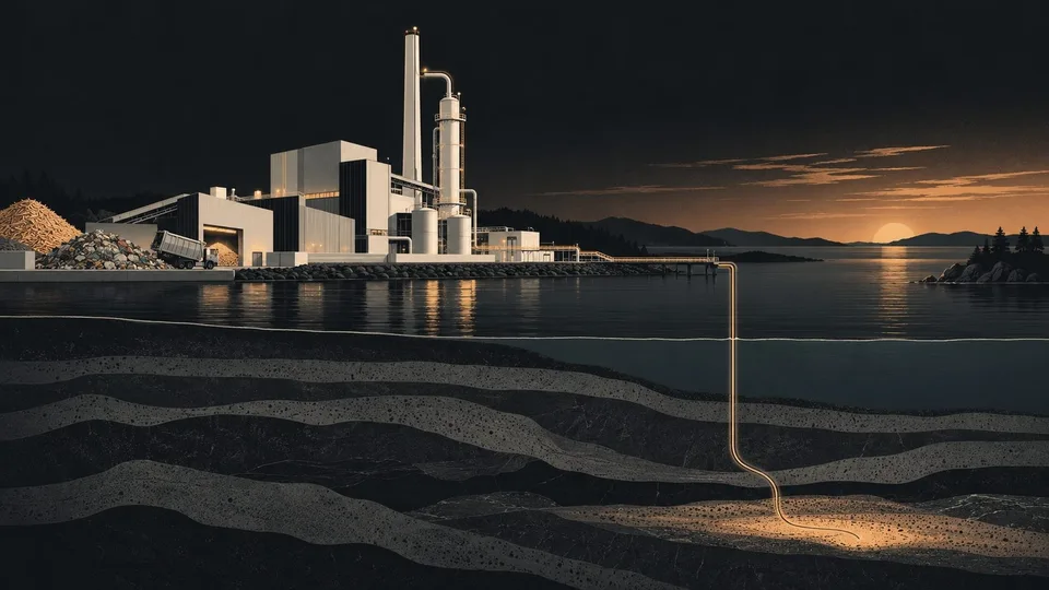 夕暮れの港のそばの廃棄物発電所。煙突にCO₂回収設備があり、パイプラインがCO₂を海底下の岩層へ送る