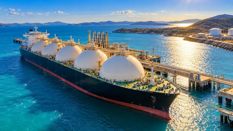 An LNG carrier with four spherical tanks moored at a coastal terminal jetty in sunshine