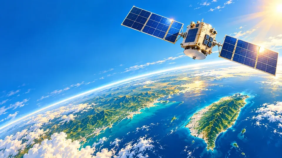 藍色太陽能板衛星懸於日照地球上方，角落有琥珀色陽光（示意圖）