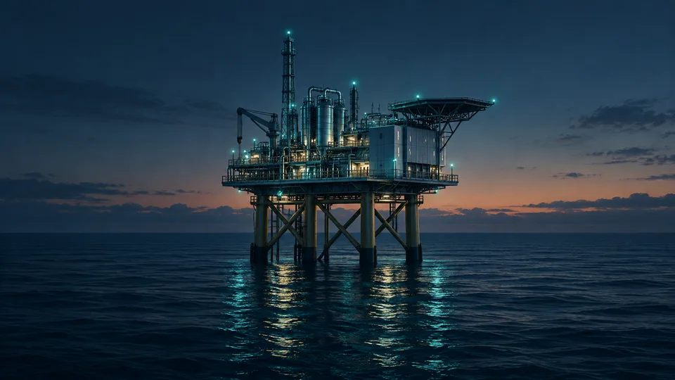 Newly installed offshore CCS platform at dusk
