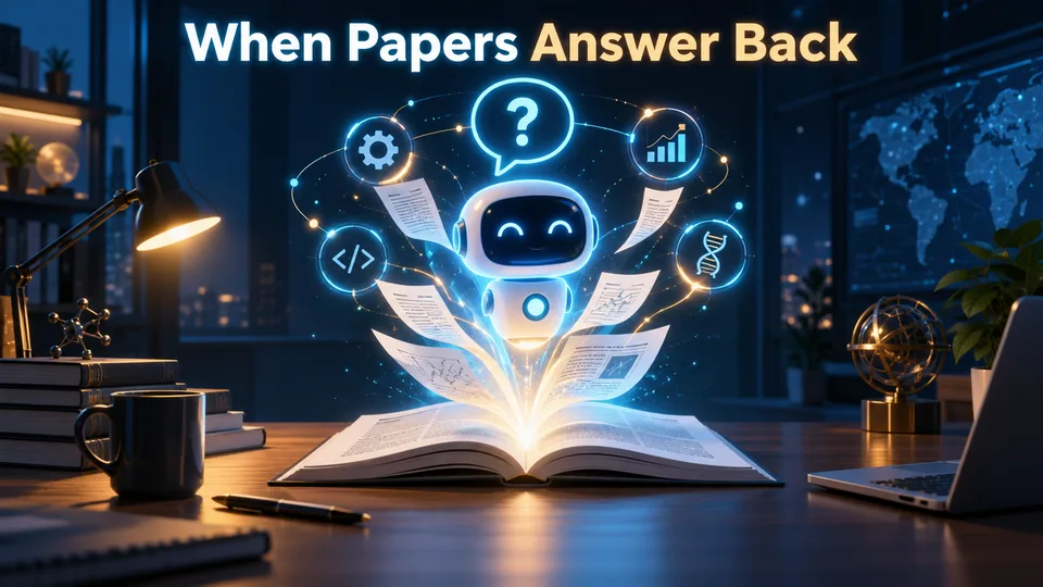 AI agents and tool icons rising from an open research paper