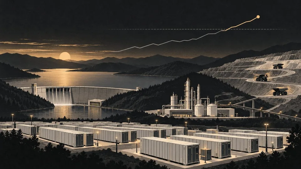 A Chinese industrial landscape at dusk with battery storage, a pumped-storage reservoir, a methanol plant and electric mining trucks, under a rising line chart