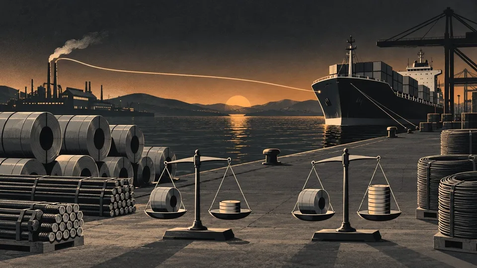 Steel coils and screws on a quay at dusk; two balances weigh the same coil against different stacks of tokens