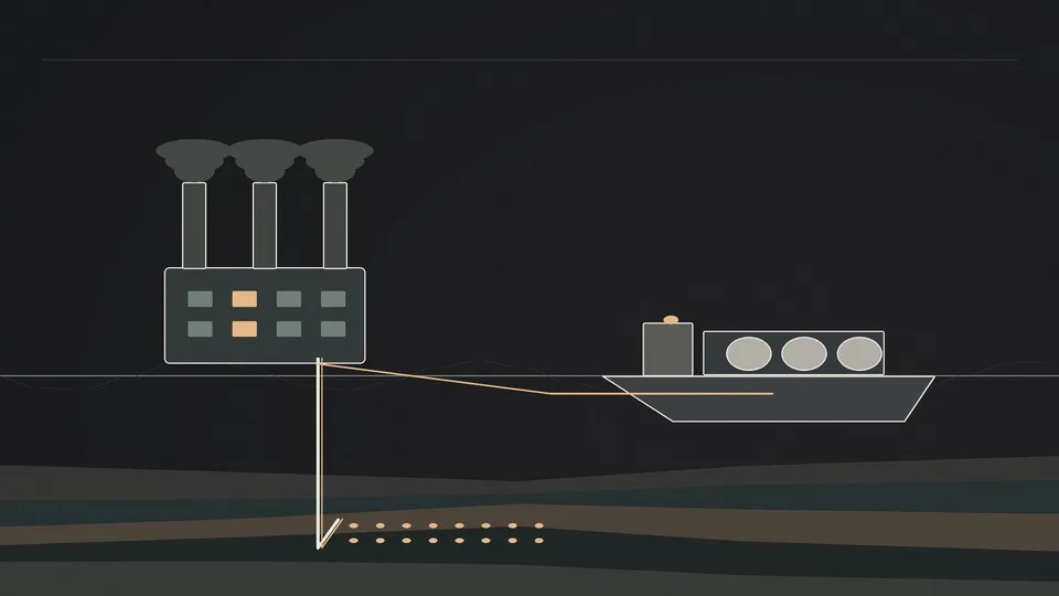 A waste-to-energy plant by a harbour at dusk, its stack fitted with carbon capture and a pipeline carrying CO₂ into rock beneath the seabed