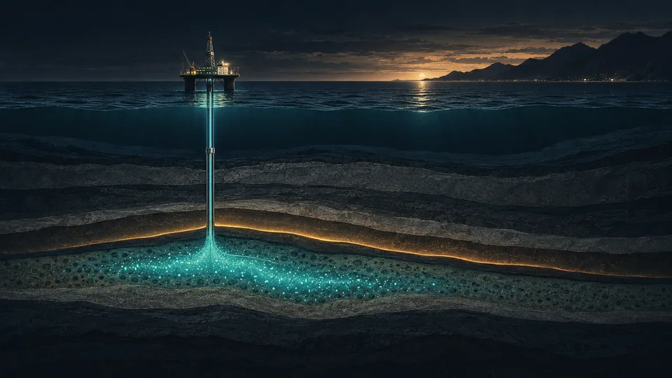Cross-section of an offshore platform at night injecting CO₂ into deep formations beneath the seabed