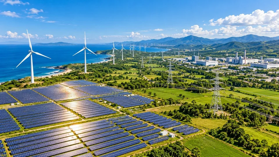 Solar, wind and transmission lines feeding an industrial park