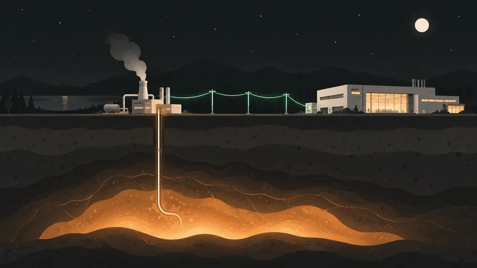 地底發光的熱能層，經井管連到地面地熱電廠，再以電線連到半導體廠