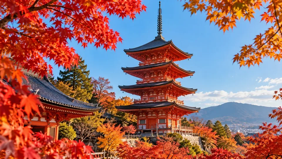 晴朗秋日的京都寺院，紅橙色楓葉圍繞朱紅色五重塔，背景是藍天和山景