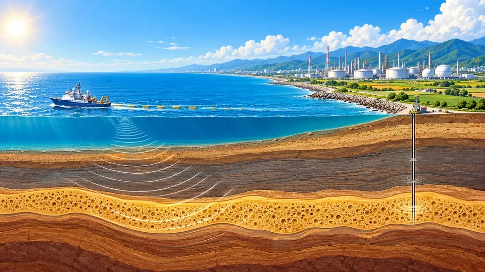 麥寮海岸工業區與海域地質探勘剖面，上方有震測船與白色儲槽，下方為岩層與探勘井
